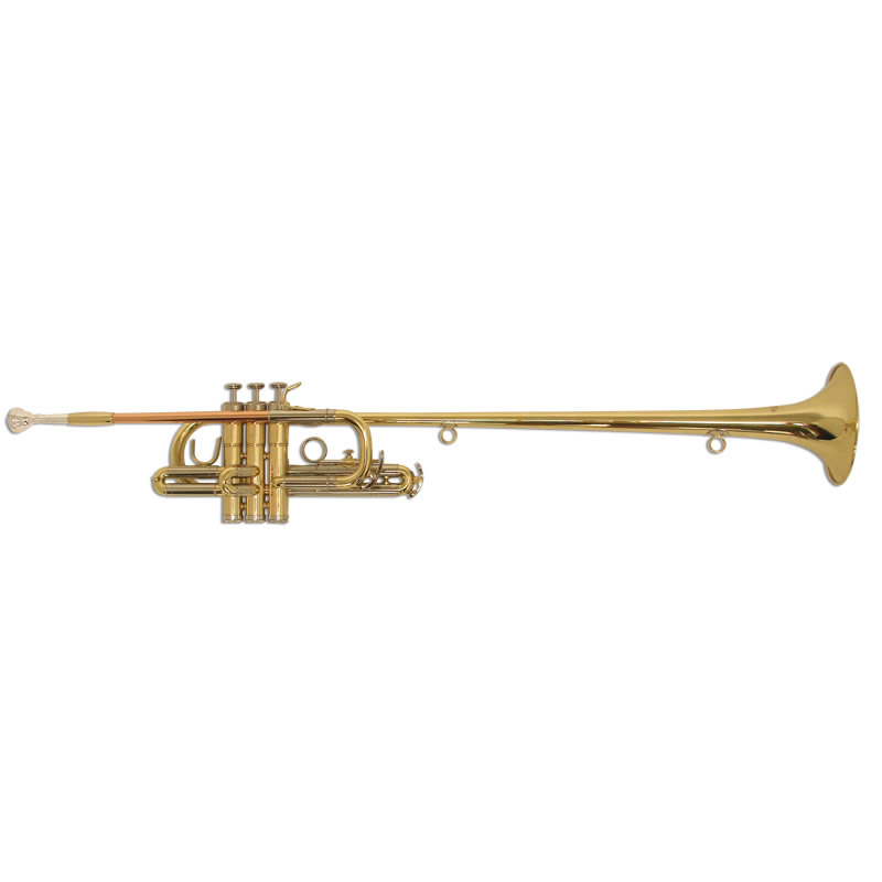 Trumpet. Musical instrument. Golden horn with flag. Sound and
